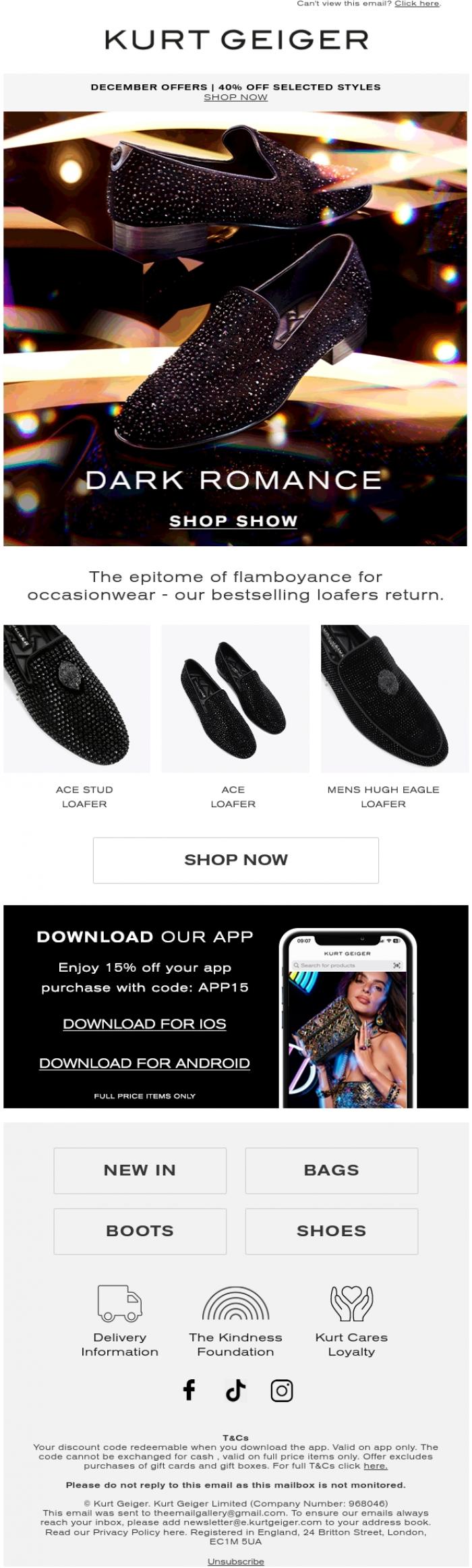 Email Design Inspiration from Kurt Geiger, Dresscode: Dark Romance