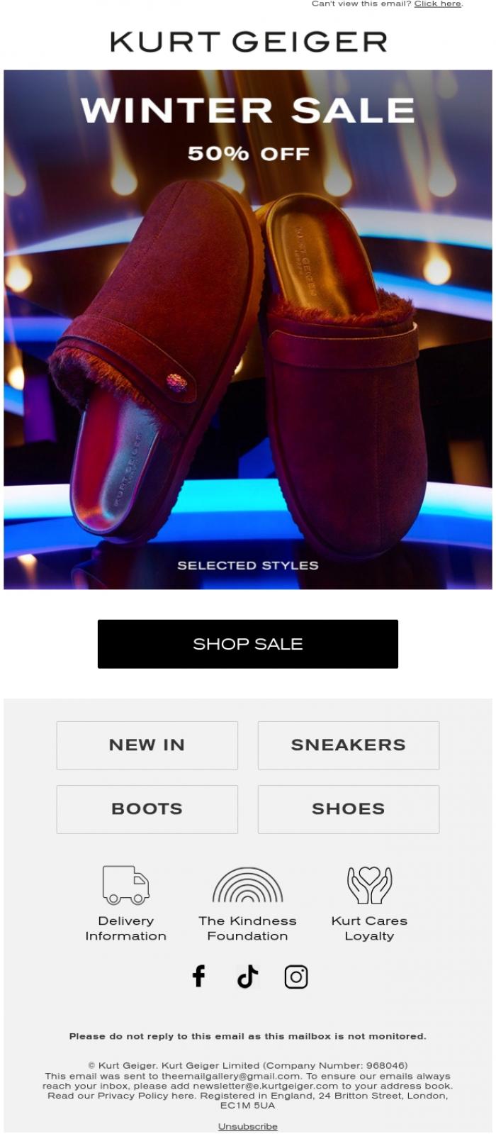 Email Design Inspiration from Kurt Geiger, Winter Sale Continues | 50% Off