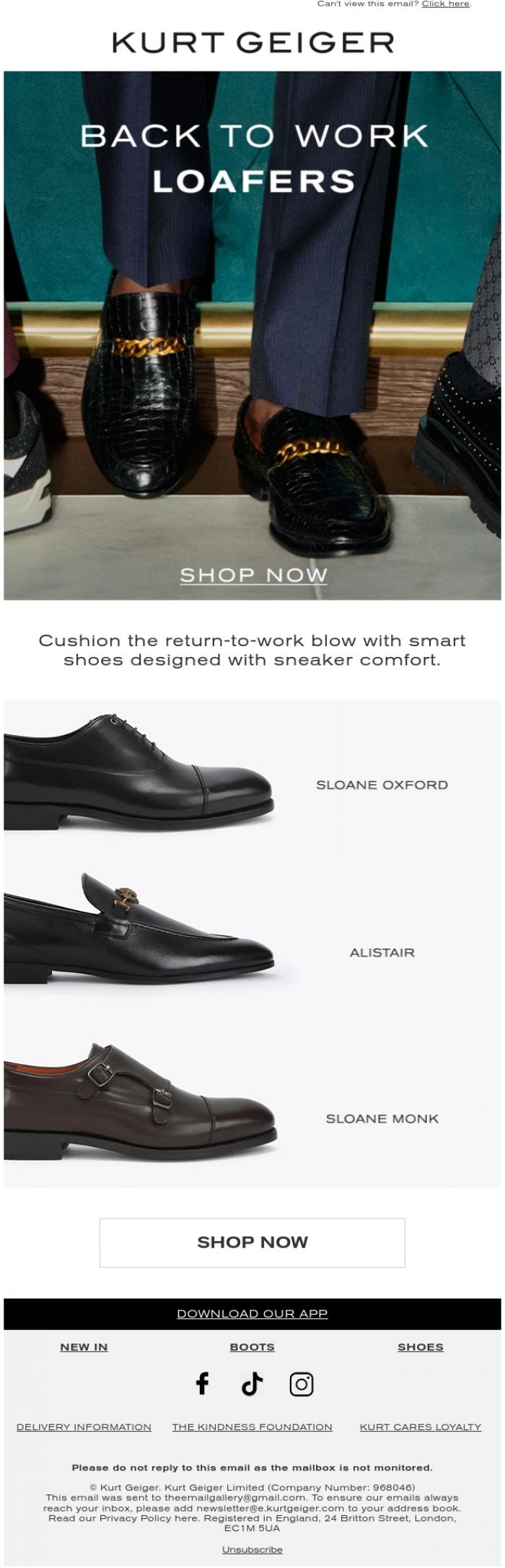 Email Design Inspiration from Kurt Geiger, Office Look, Sneaker Comfort