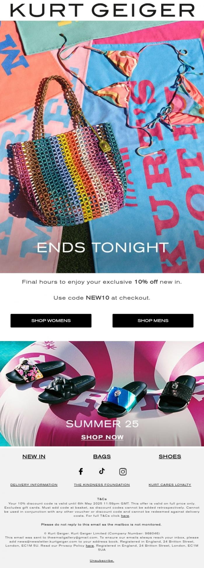 Email Design Inspiration from Kurt Geiger, 10% Off New In | Ends Tonight