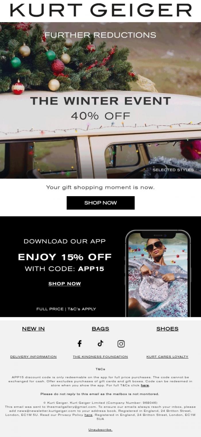 Email Design Inspiration from Kurt Geiger, The Winter Event | 40% Off Selected Styles