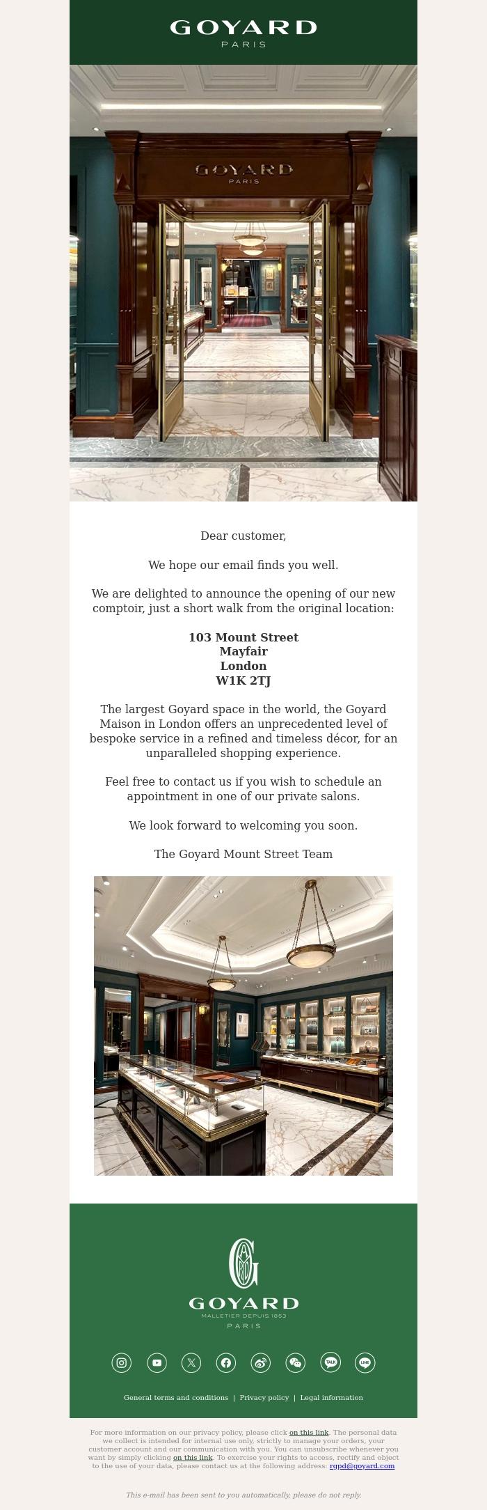Email Design Inspiration from La Maison Goyard, Discover our new comptoir in London