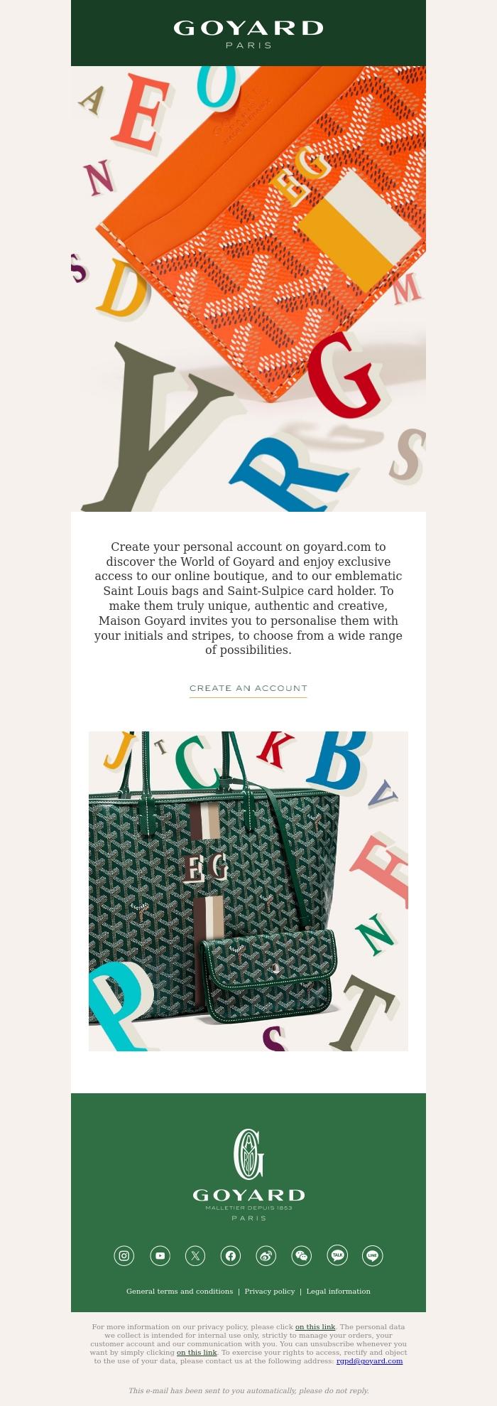 Email Design Inspiration from La Maison Goyard, Create your personal account on goyard.com to enjoy exclusive advantages