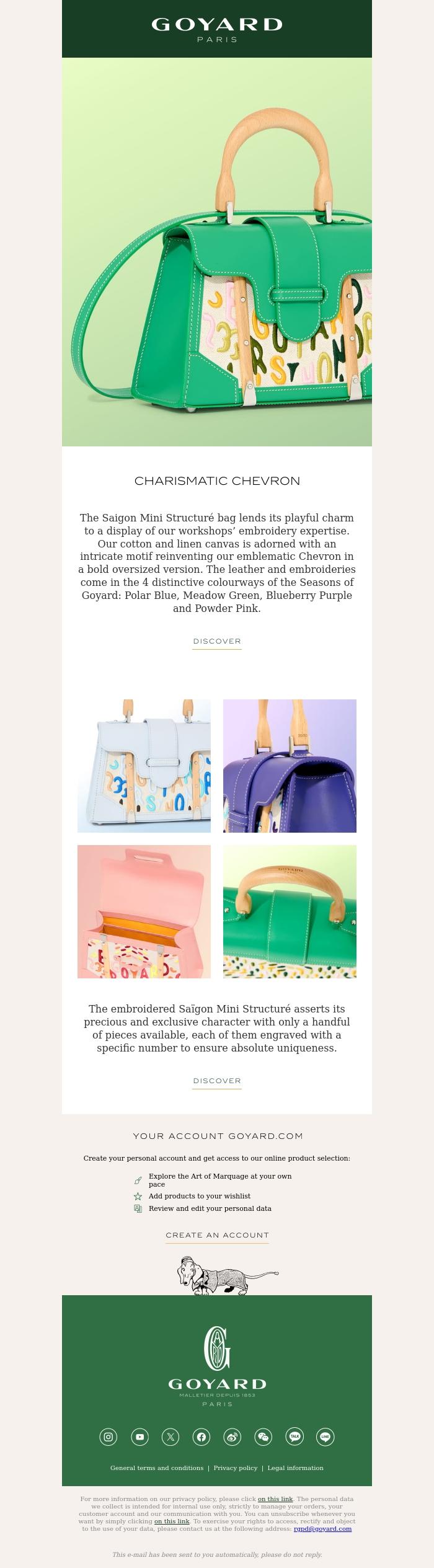 Email Design Inspiration from La Maison Goyard, The Sa&iuml;gon mini structur&eacute; bag embroidered with light