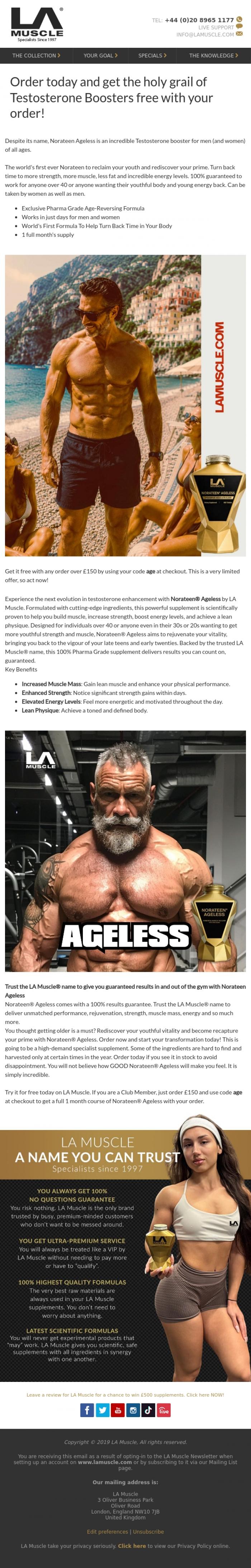 Email Design Inspiration from LA Muscle, Free &pound;150 Testo Booster just for you today