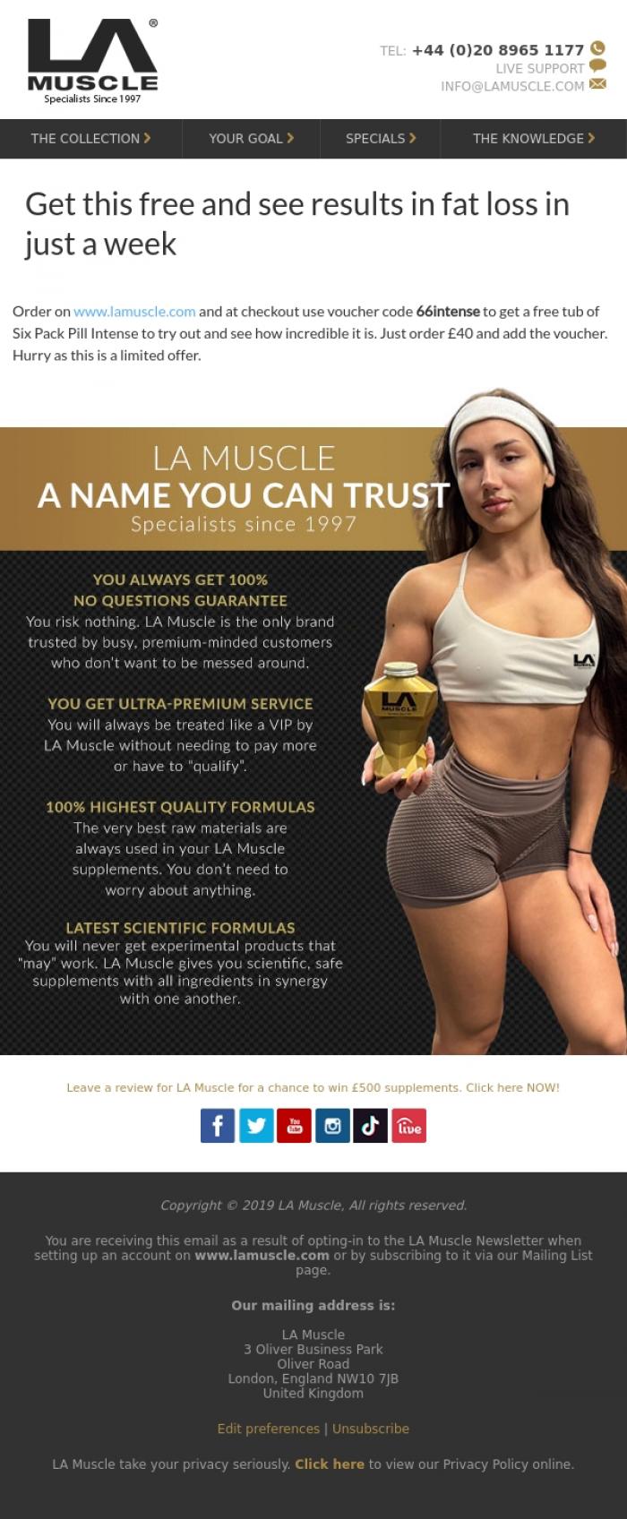 Email Design Inspiration from LA Muscle, Free Six Pack Pill Fat Burner