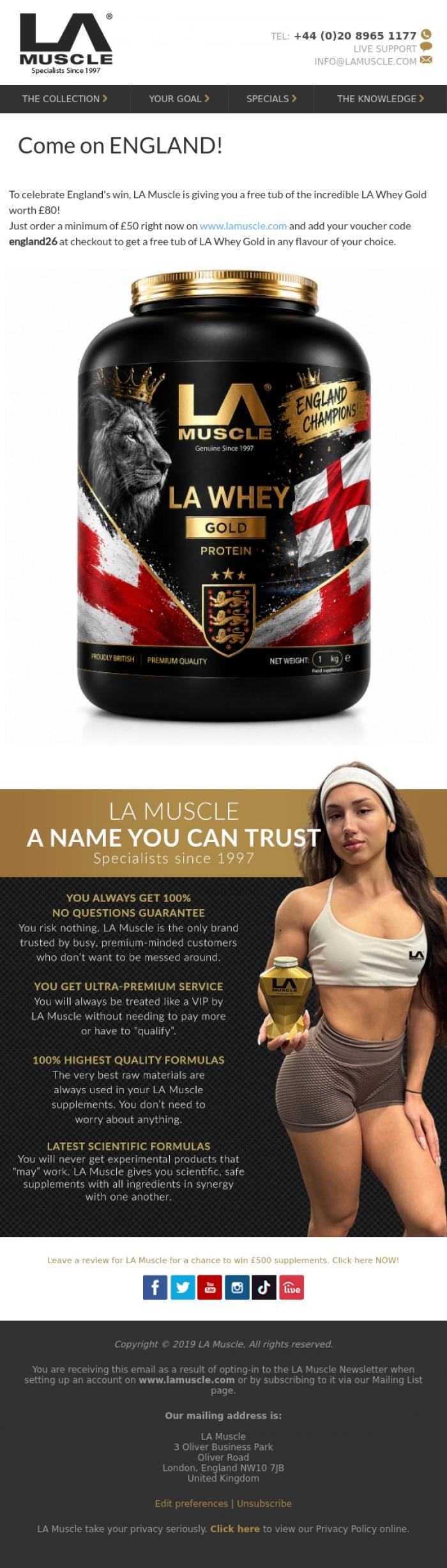 Email Design Inspiration from LA Muscle, Celebrate England's win with a free &pound;80 LA Whey protein