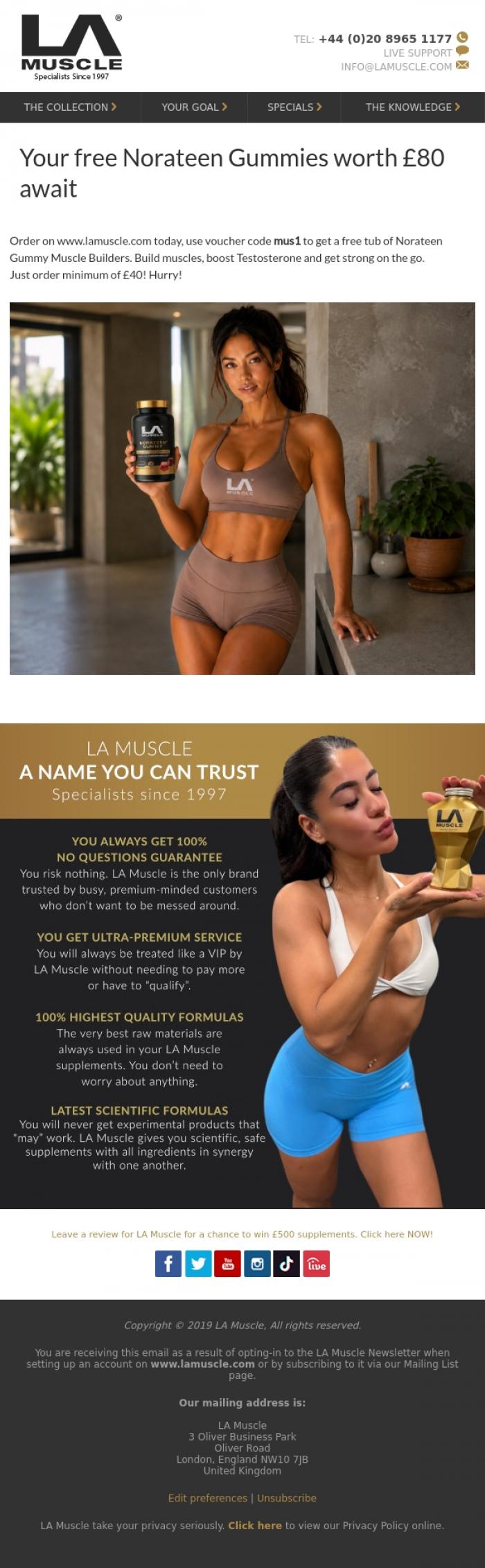 Email Design Inspiration from LA Muscle, Free &pound;80 Muscle Builder