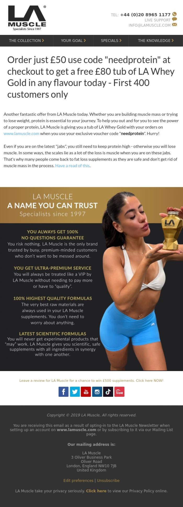 Email Design Inspiration from LA Muscle, Free &pound;80 LA Whey Gold Protein when you spend &pound;50 today