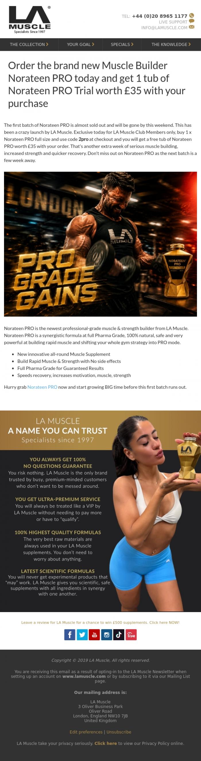 Email Design Inspiration from LA Muscle, Free Norateen PRO with every purchase