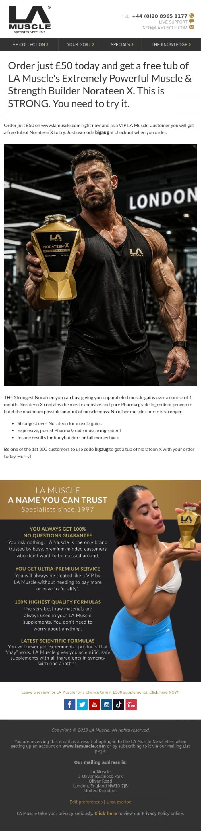 Email Design Inspiration from LA Muscle, Free Norateen X Ultimate Muscle Builder worth &pound;50 today