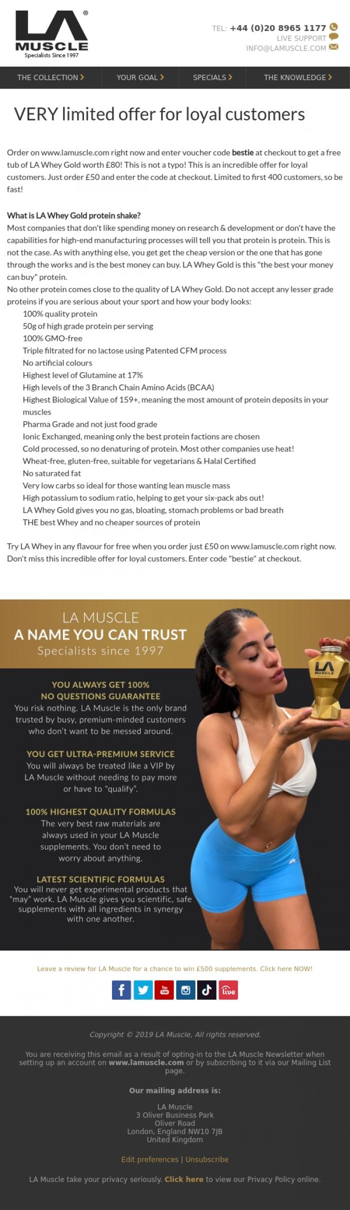 Email Design Inspiration from LA Muscle, Free &pound;80 LA Whey Gold!