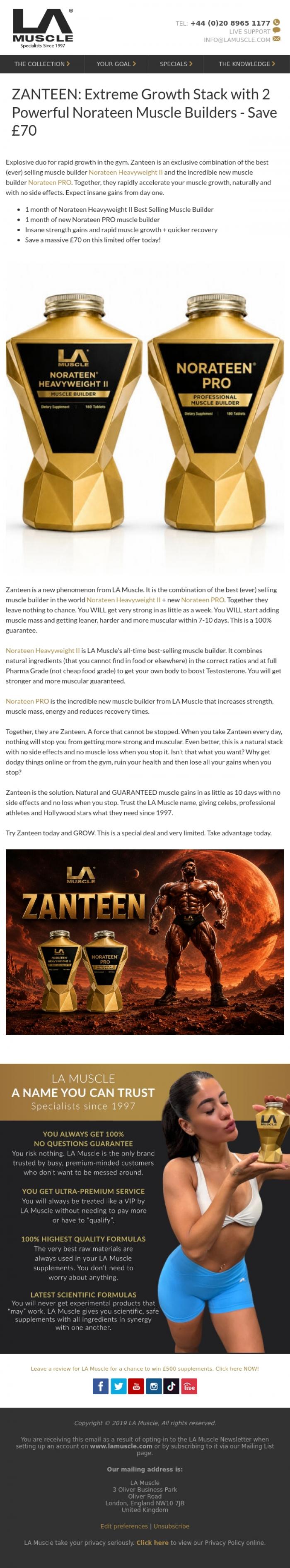 Email Design Inspiration from LA Muscle, Zanteen. Guaranteed Muscle Gains. Save &pound;70 today.