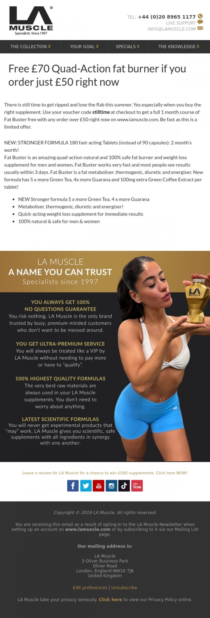Email Design Inspiration from LA Muscle, Free &pound;70 Fat Burner that works!