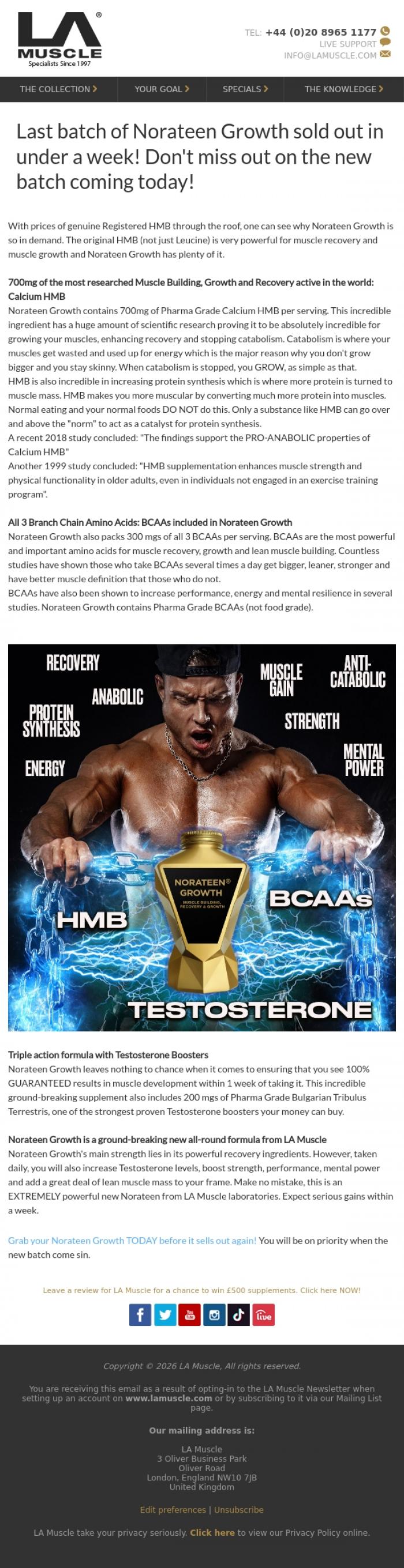 Email Design Inspiration from LA Muscle, Norateen Growth SOLD OUT again!
