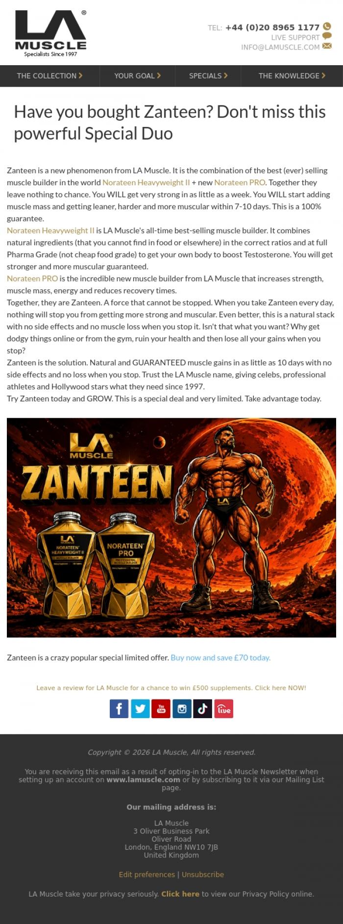 Email Design Inspiration from LA Muscle, Zanteen: Experience the power and save &pound;70
