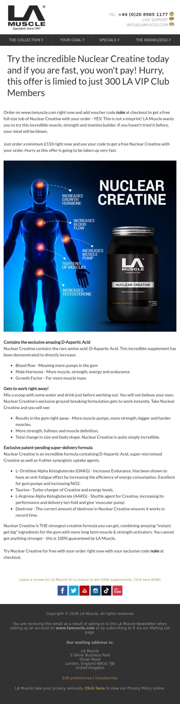 Email Design Inspiration from LA Muscle, Free Nuclear Creatine For Members