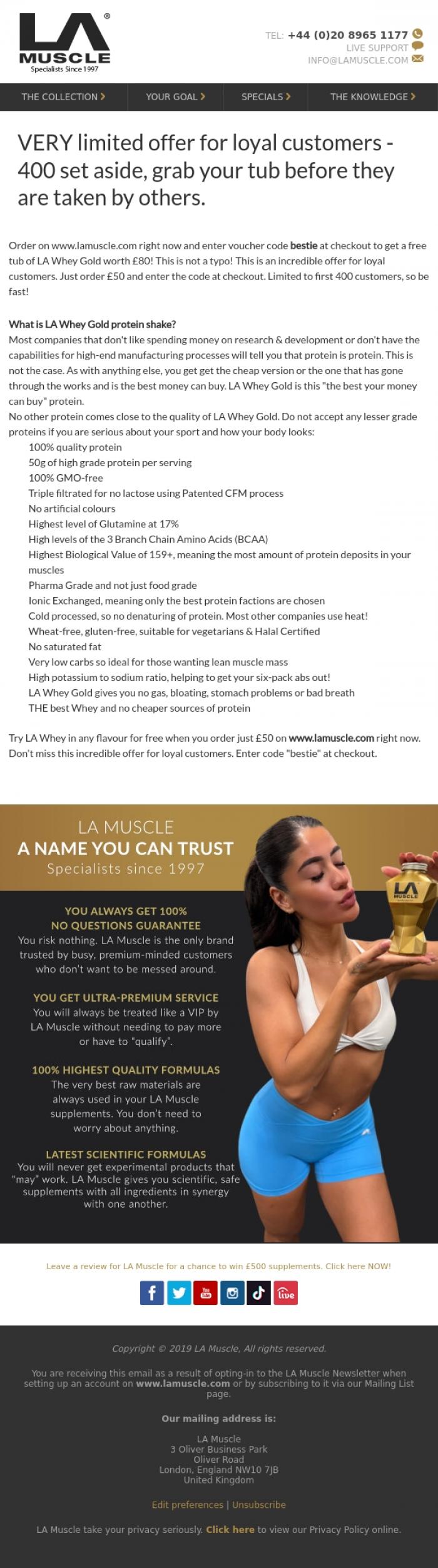Email Design Inspiration from LA Muscle, Free &pound;80 LA Whey Gold - Only 400 set aside.