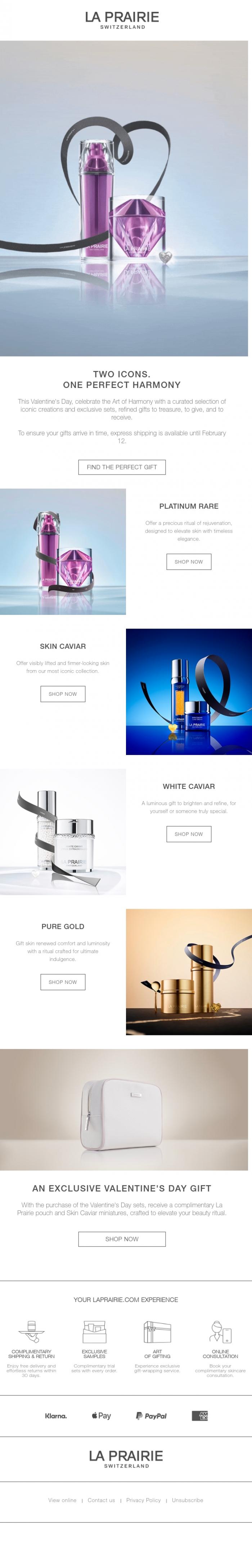 Email Design Inspiration from La Prairie, Valentine's Gifts, Delivered in Time