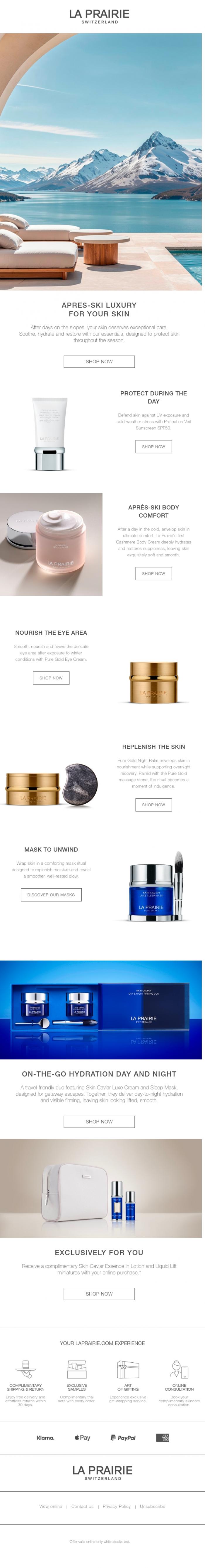 Email Design Inspiration from La Prairie, Apr&egrave;s-Ski Glow, Perfected