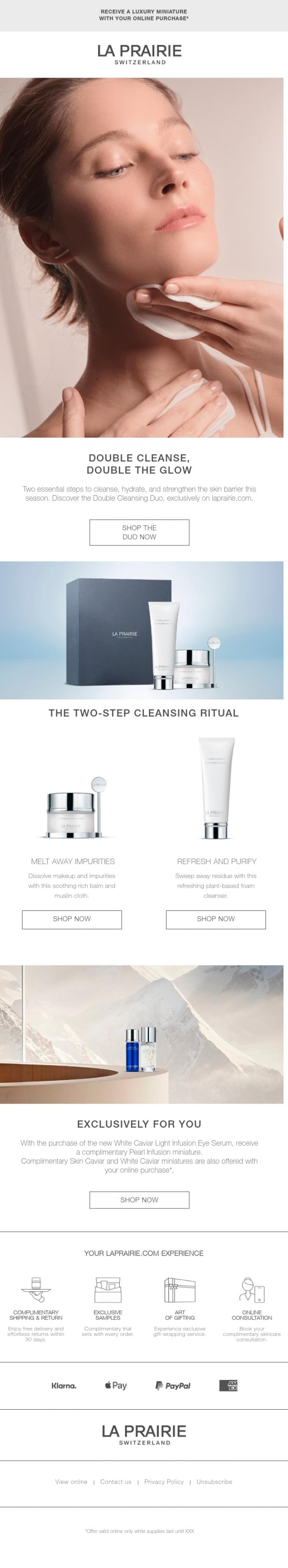 Email Design Inspiration from La Prairie, Double cleanse, endless glow