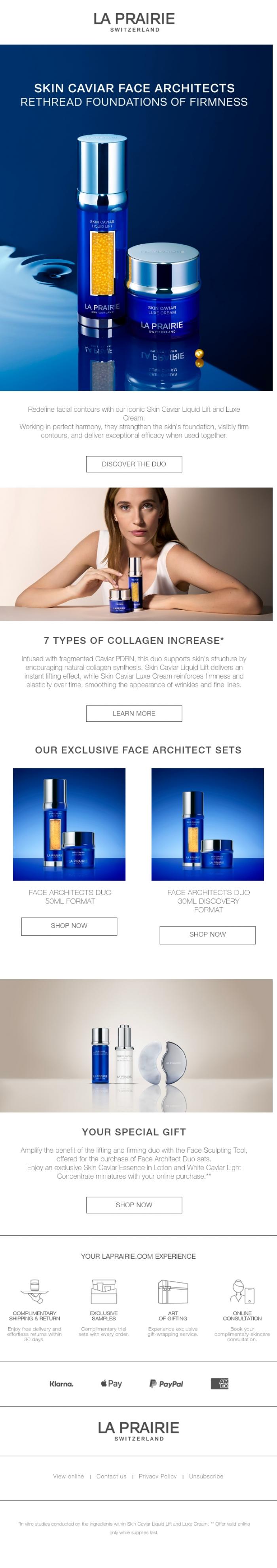 Email Design Inspiration from La Prairie, Redefine your facial architecture with Skin Caviar