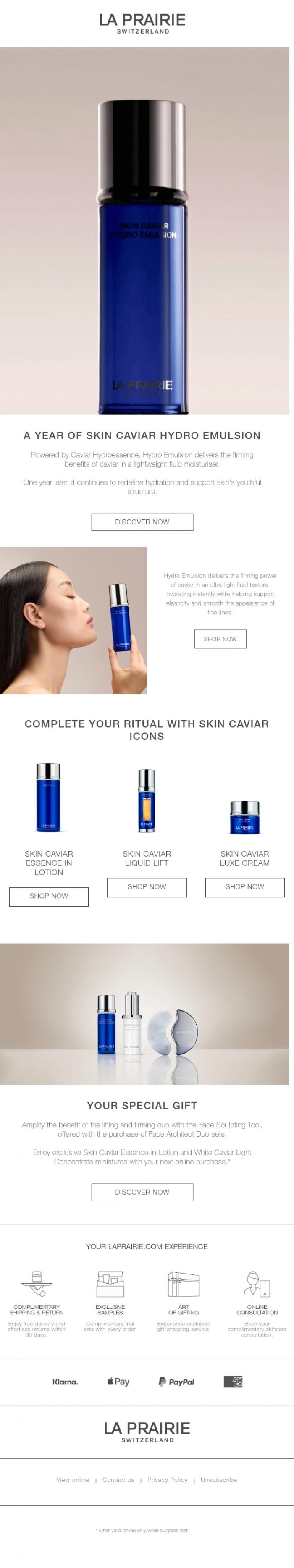 Email Design Inspiration from La Prairie, Hydration that feels weightless
