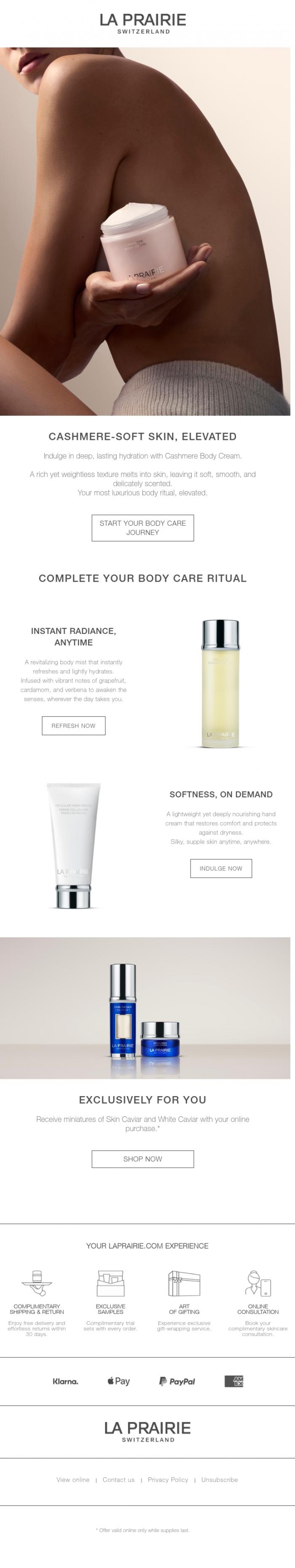 Email Design Inspiration from La Prairie, Elevate your body ritual today