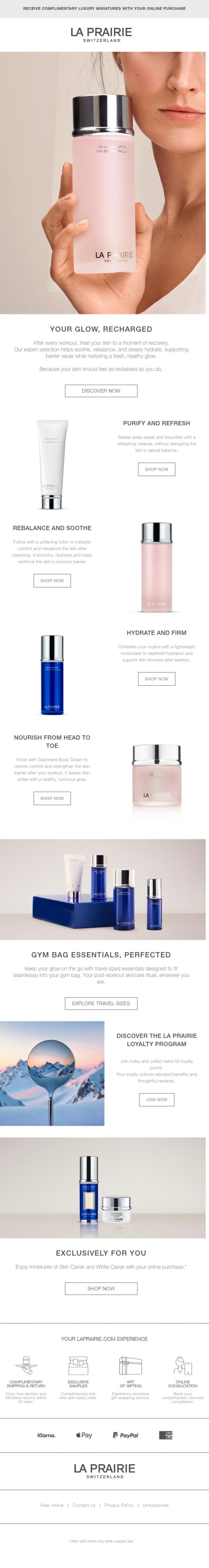 Email Design Inspiration from La Prairie, Reset your skin post-workout