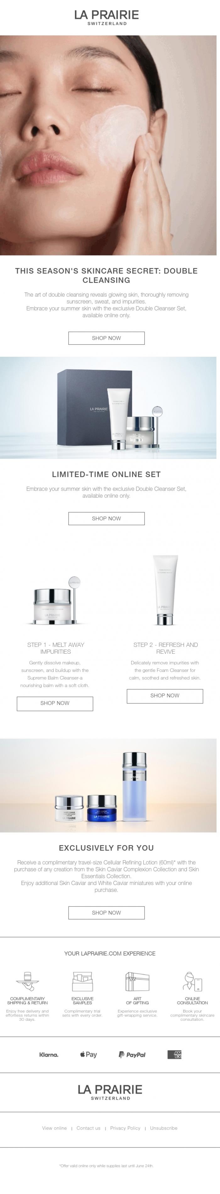 Email Design Inspiration from La Prairie, Double the cleanse, double the glow