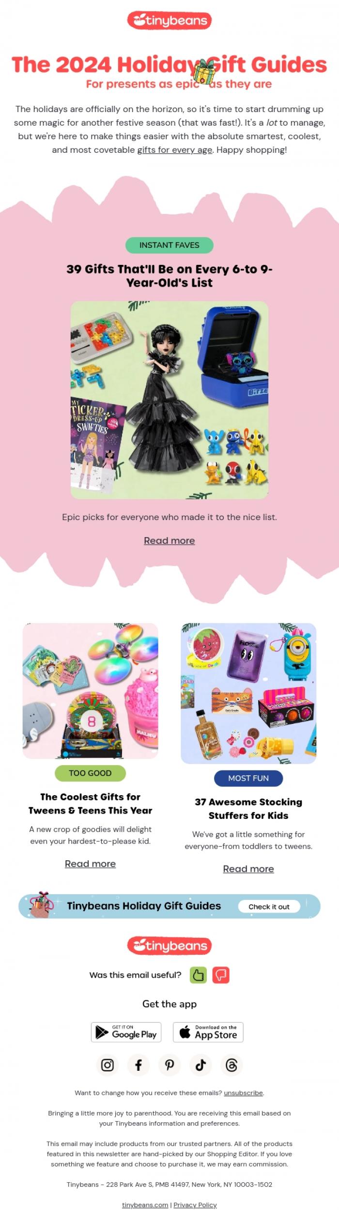 Email Design Inspiration from Lauren from Tinybeans, The Coolest Holiday Gifts for Kids Age 6 to 16 💝