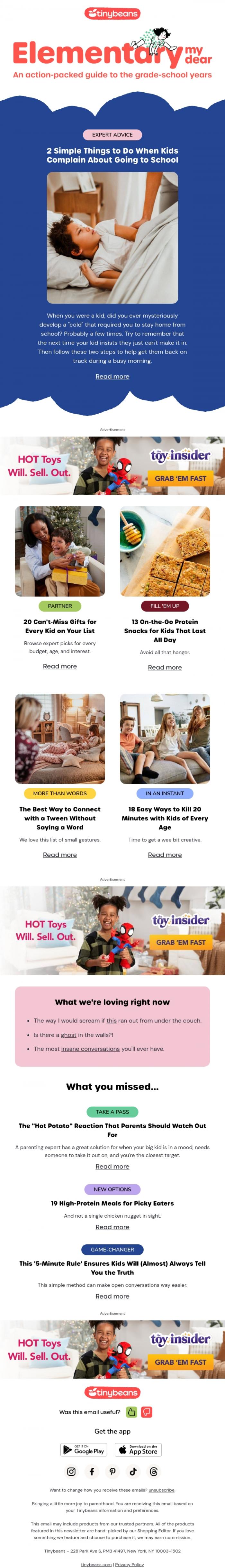 Email Design Inspiration from Lauren from Tinybeans, 2 Simple Things to Do When Kids Complain About Going to School