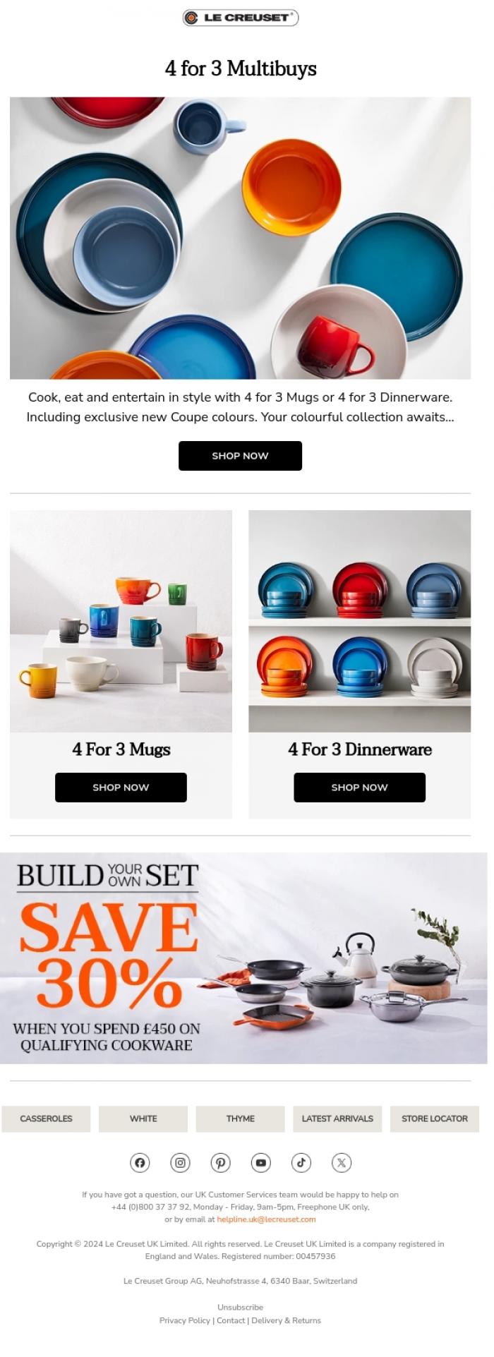 Email Design Inspiration from Le Creuset, Mix & Match 4 for 3