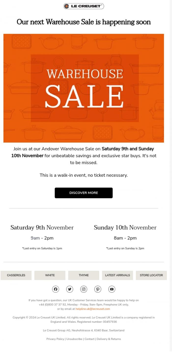 Email Design Inspiration from Le Creuset, Don't Miss Our Next Warehouse Sale 🏷️