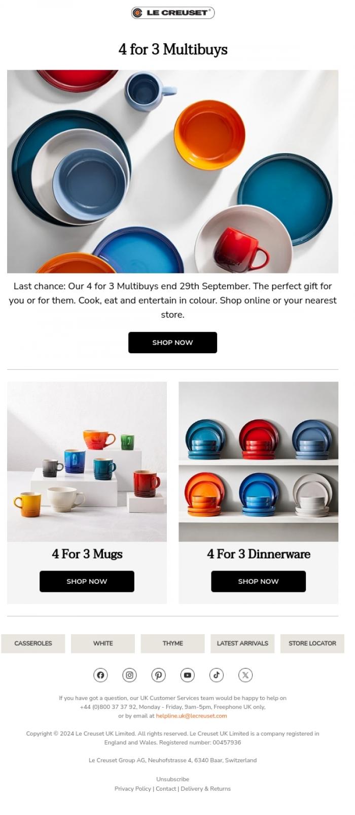 Email Design Inspiration from Le Creuset, Last chance | 4 for 3