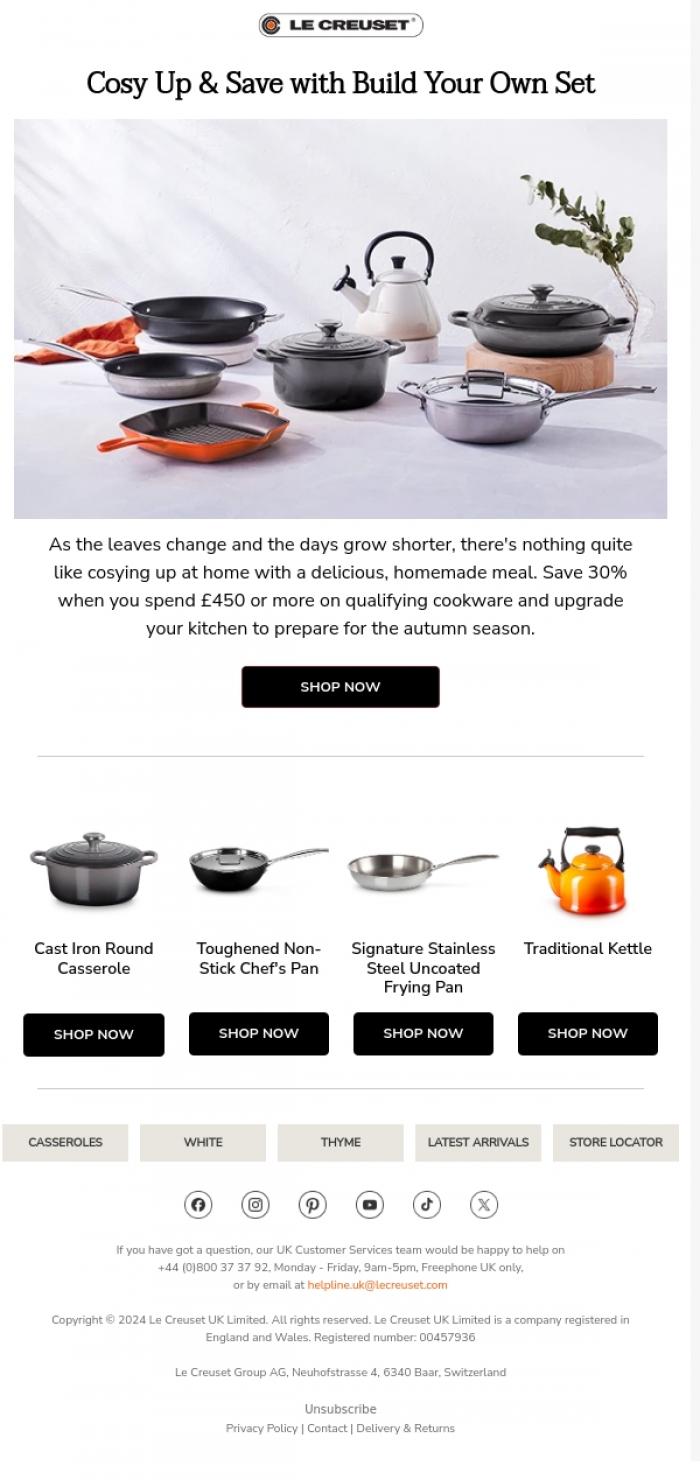 Email Design Inspiration from Le Creuset, Autumn Adventures Start in the Kitchen 🍂