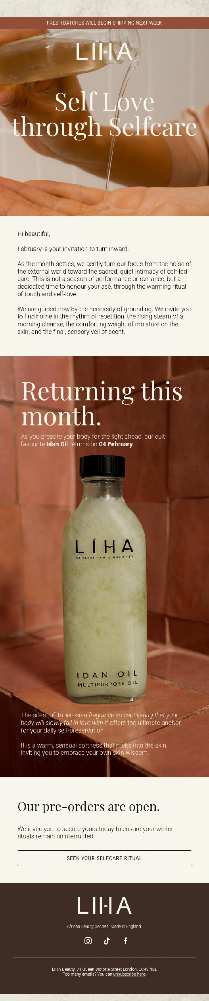Email Design Inspiration from LIHA Beauty, Warmth, intimacy, and soft beginnings