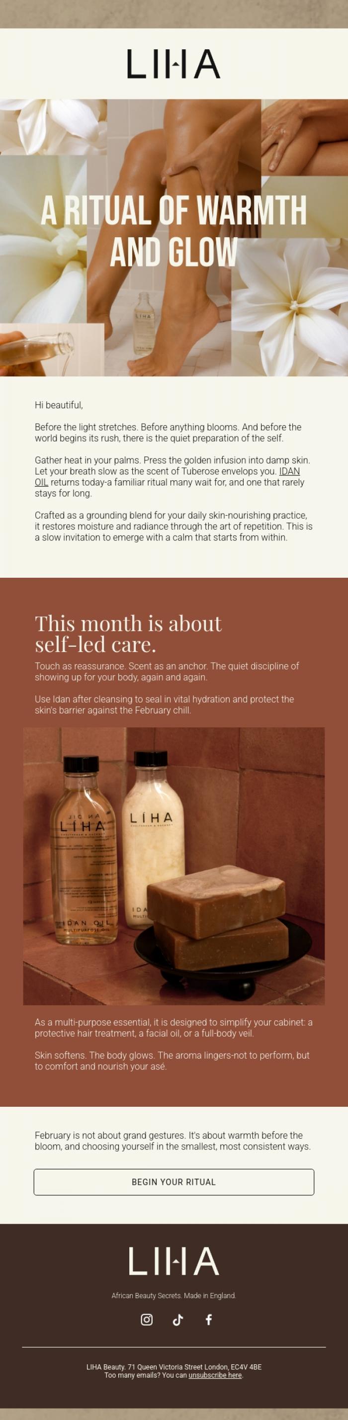 Email Design Inspiration from LIHA Beauty, Warmth in your palms: The return of Idan Oil