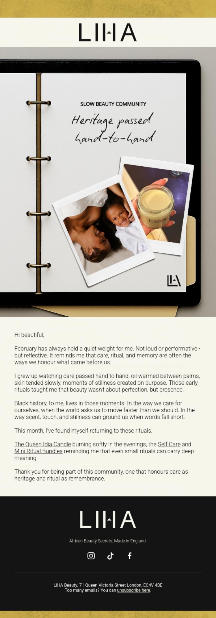 Email Design Inspiration from LIHA Beauty, Beauty as presence, not perfection