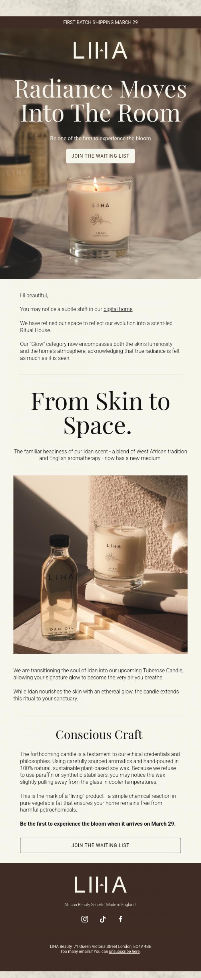 Email Design Inspiration from LIHA Beauty, The ethical craft of our upcoming Tuberose Candle