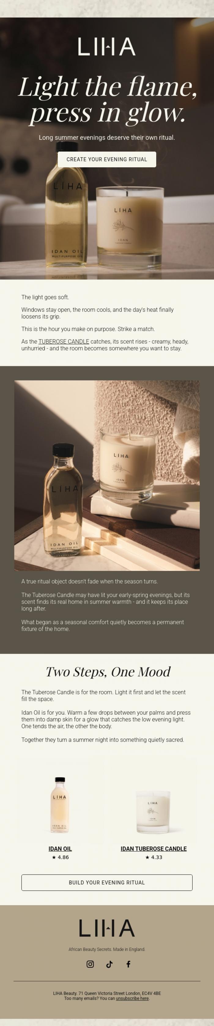 Email Design Inspiration from LIHA Beauty, Golden skin, golden evenings