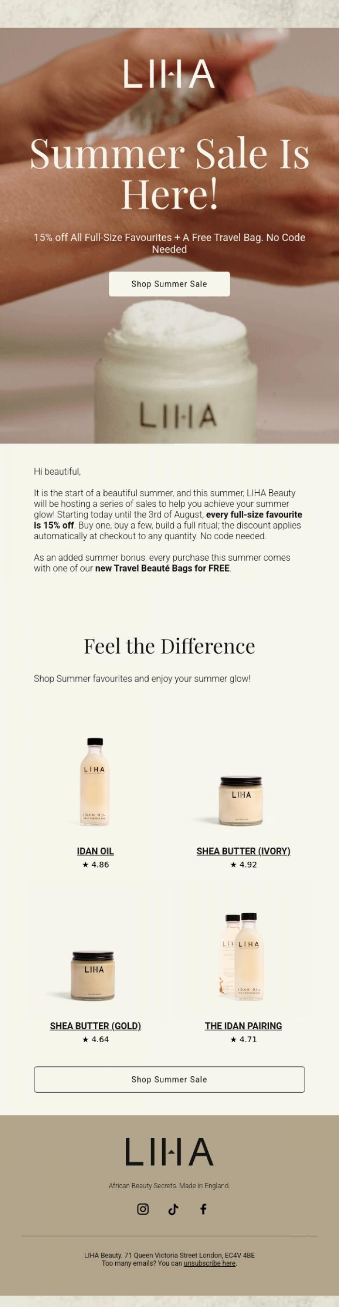 Email Design Inspiration from LIHA Beauty, Start of Summer Sale is here - 15% off everything