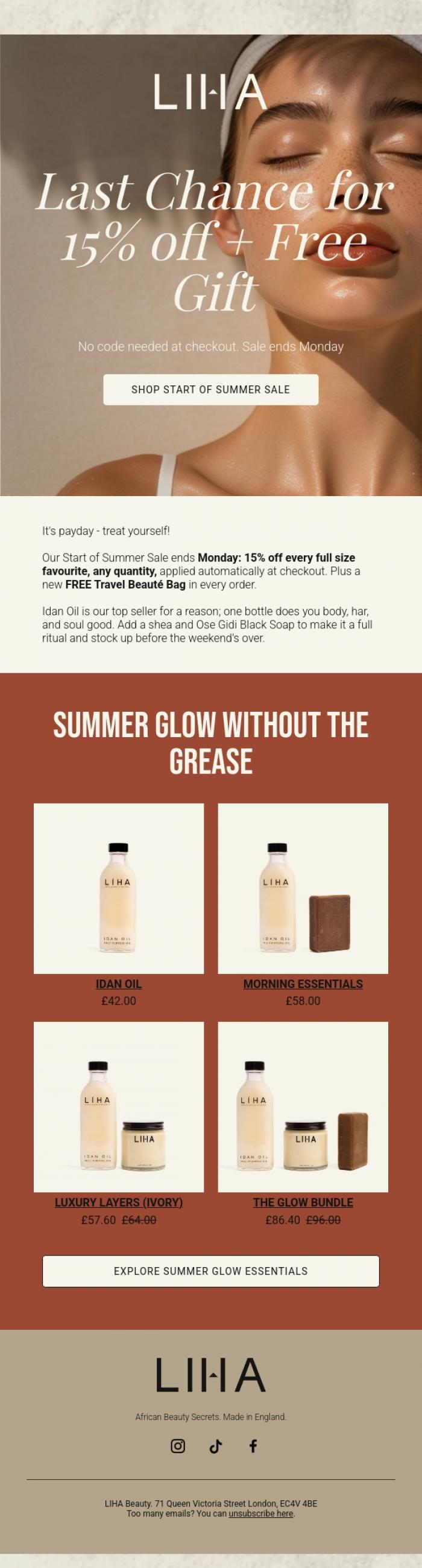 Email Design Inspiration from LIHA Beauty, Payday Treat - 15% Off Everything Ends Monday