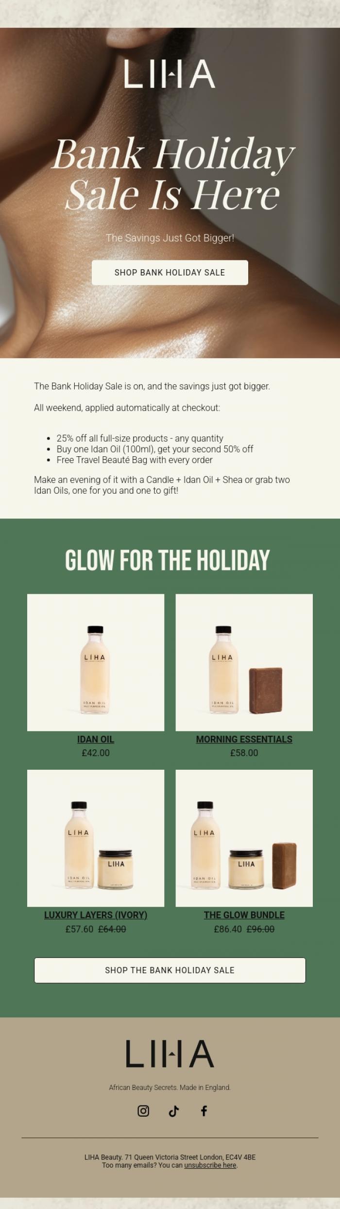 Email Design Inspiration from LIHA Beauty, Bank Holiday Sale: 25% Off + BOGO 50% for Idan Oil