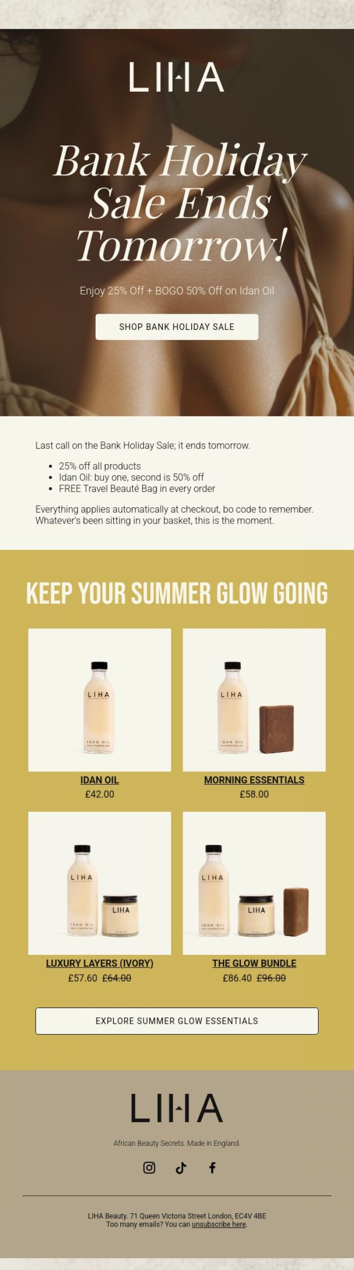 Email Design Inspiration from LIHA Beauty, Bank Holiday Sale Ends Tomorrow
