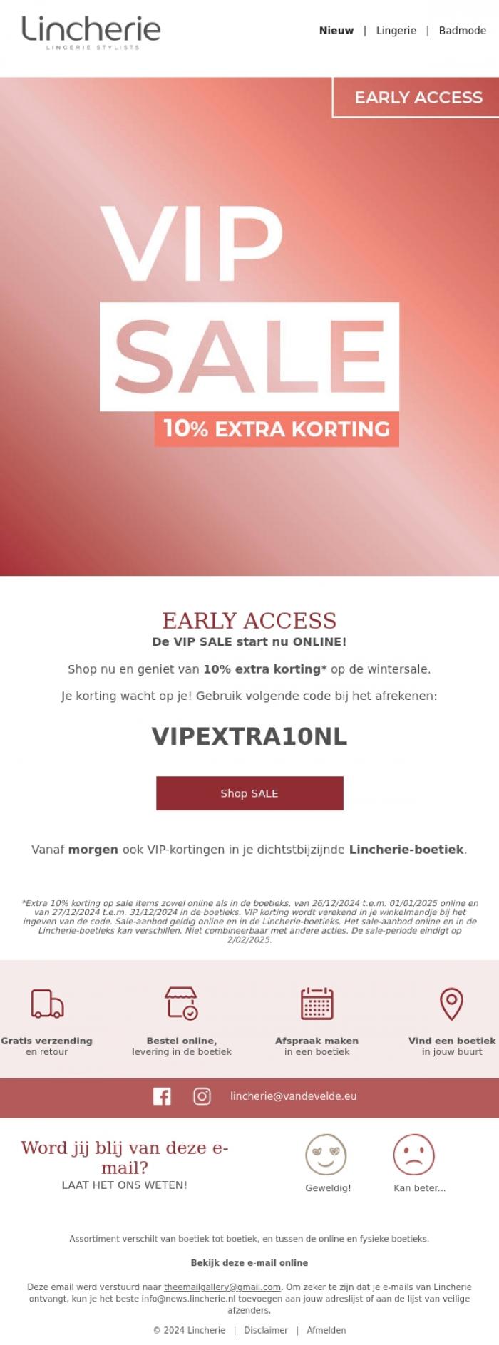 Email Design Inspiration from Lincherie, Early Access: 10% EXTRA korting | De VIP SALE start NU