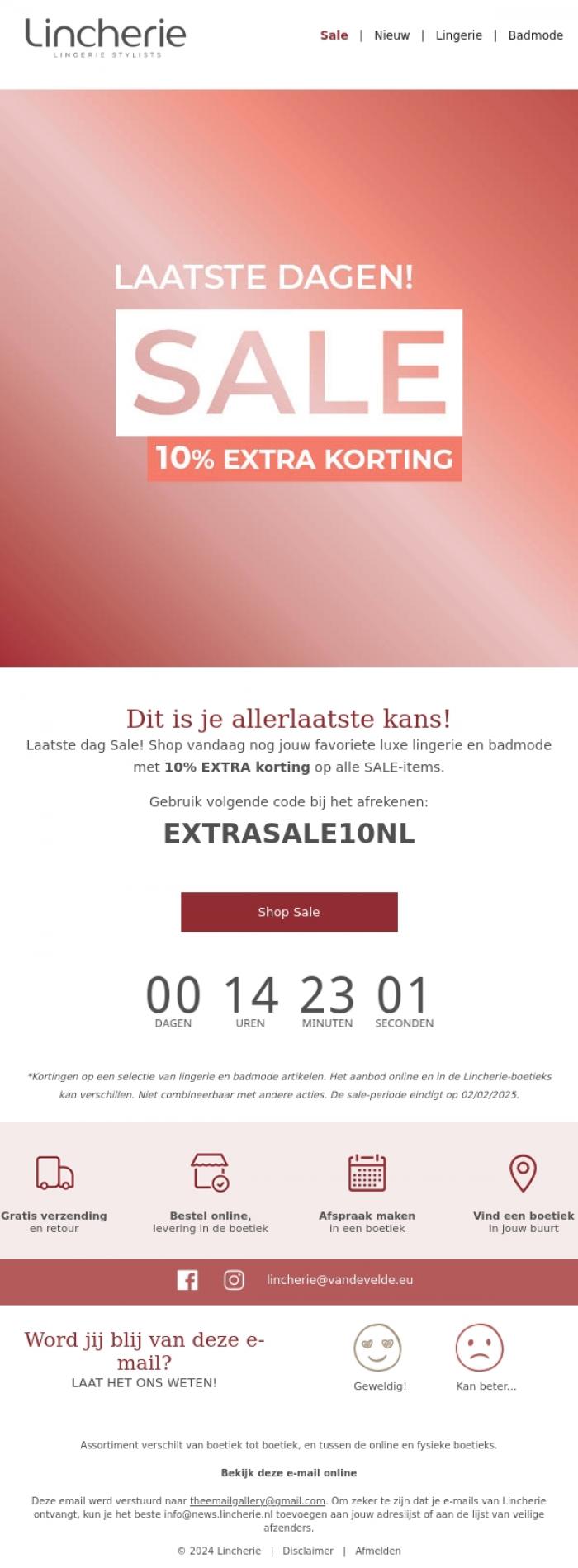 Email Design Inspiration from Lincherie, Nog &eacute;&eacute;n dag om EXTRA -10% te scoren!