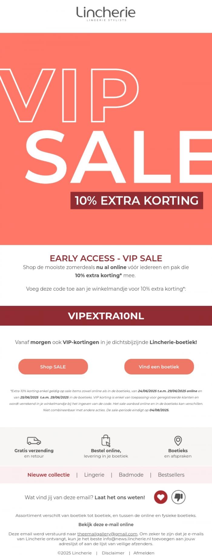 Email Design Inspiration from Lincherie, 🔉Early access -10% EXTRA korting! De VIP SALE is gestart