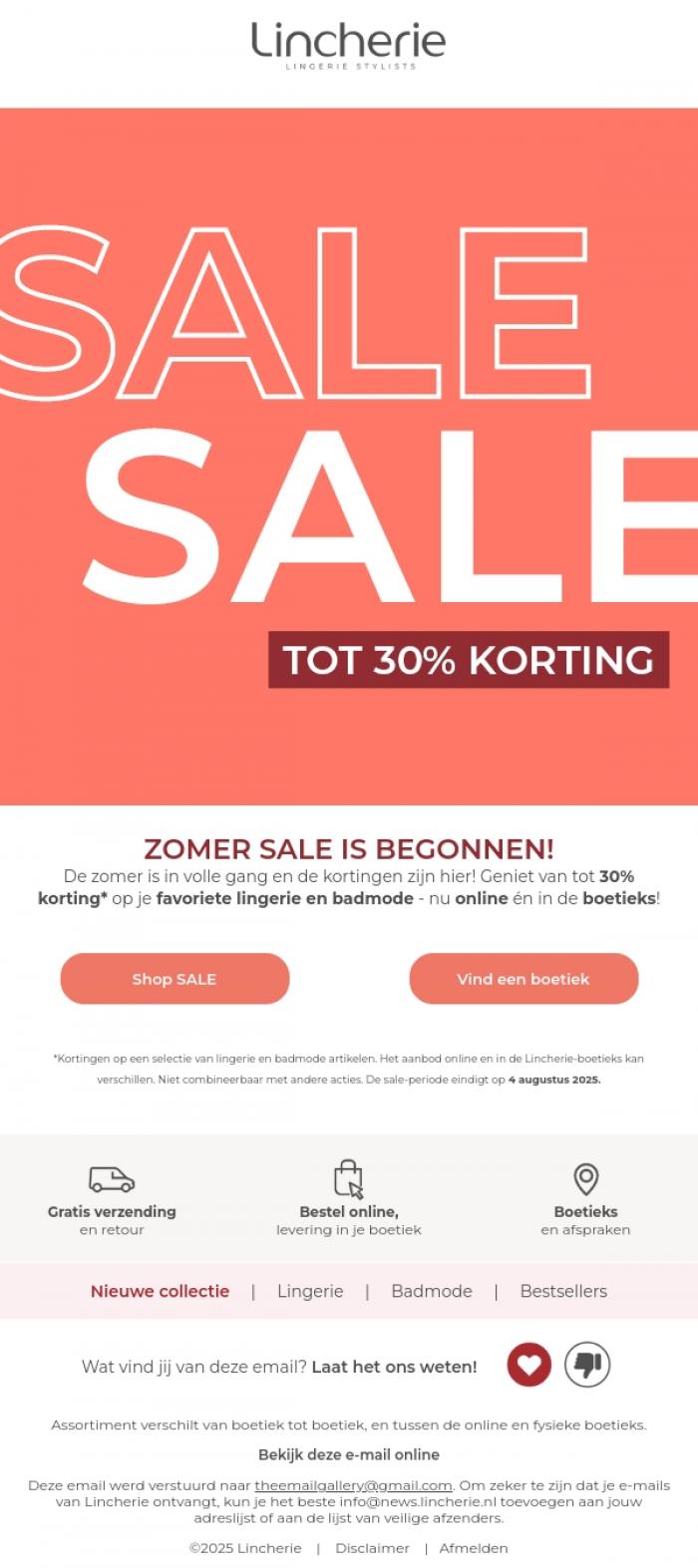 Email Design Inspiration from Lincherie, Haal je zomer essentials met 30% korting in de ZOMER SALE!