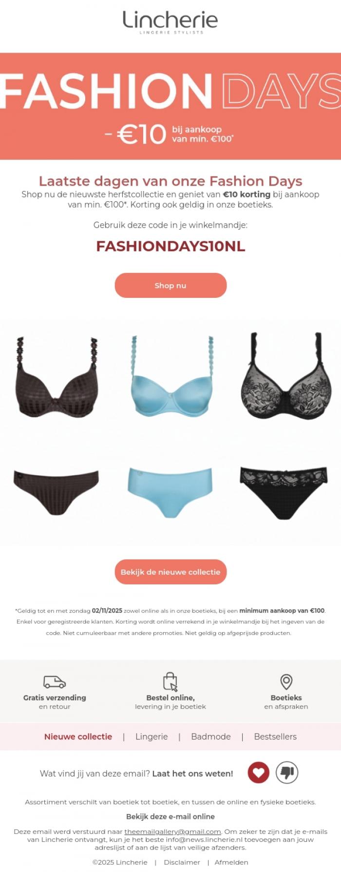 Email Design Inspiration from Lincherie, Nu &euro;10 korting ❤ een cadeau te mooi om te missen